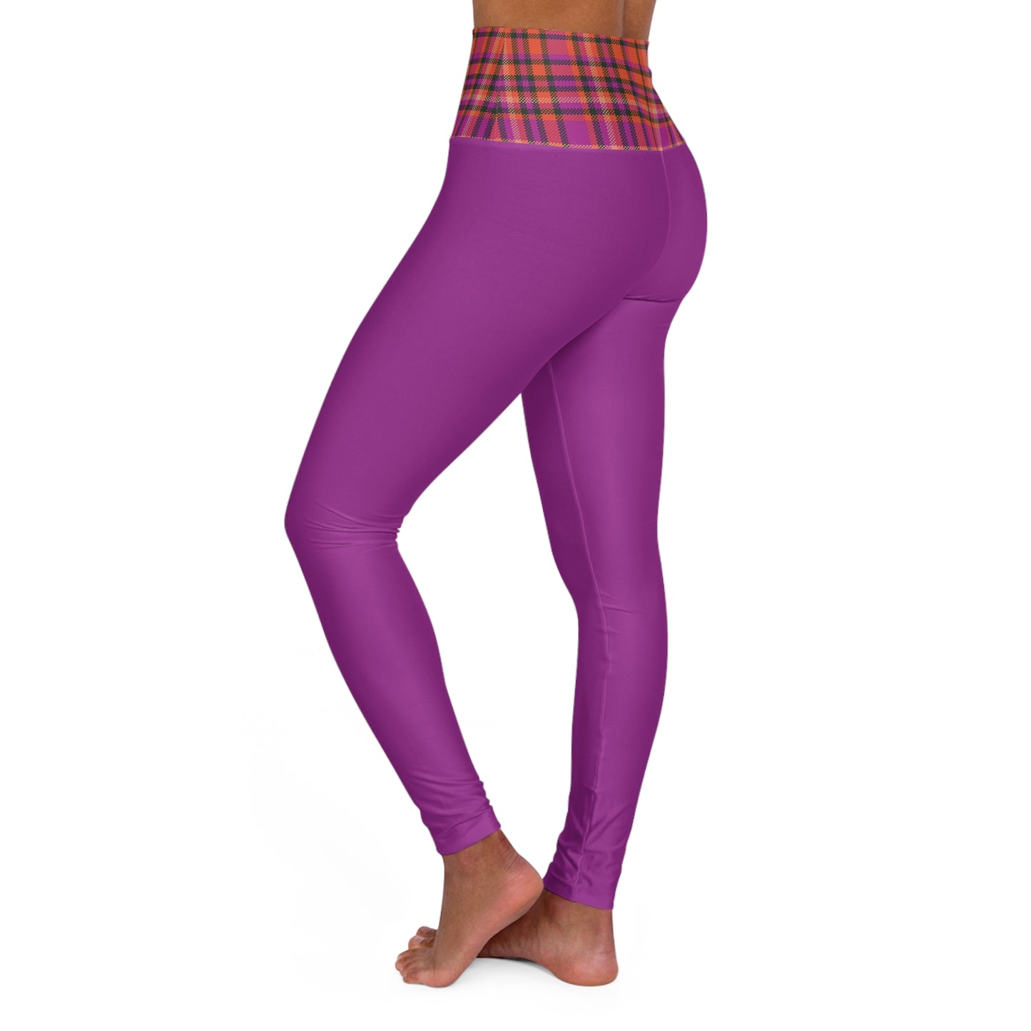 Stylish High Waisted Yoga Leggings - Purple with Plaid Accent