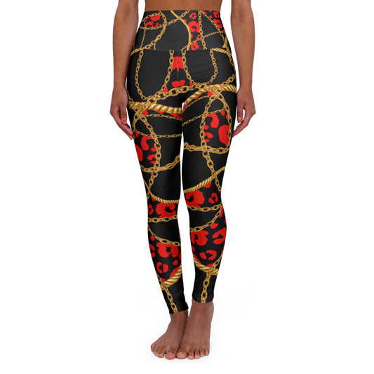 Chic Chains High Waisted Yoga Leggings - Stylish Fitness Activewear with Red Leopard Print