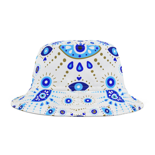 A stylish bucket hat featuring the Evil Eye symbol for spiritual protection and fashion statement.