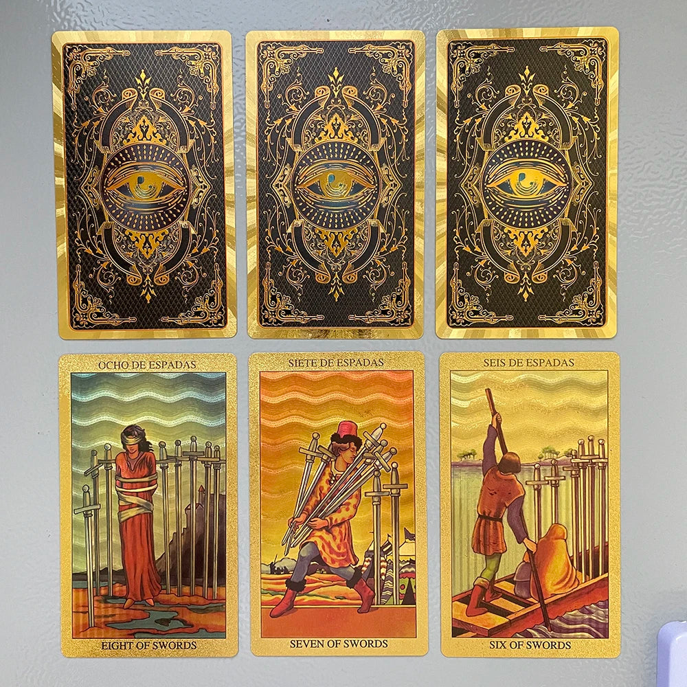 Spanish and English Golden Foil Tarot Deck Prophecy Cards for Beginners with 2-Languages Guidebook 12x7cm Toro Taro